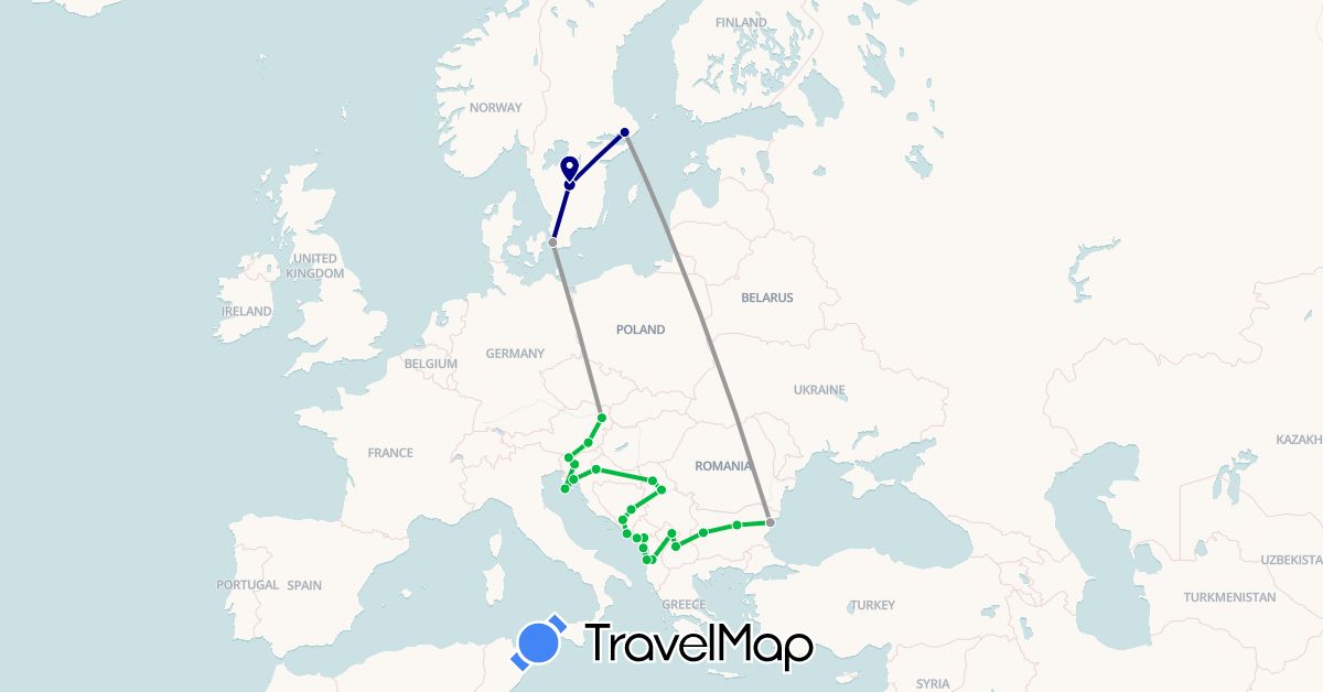 TravelMap itinerary: driving, bus, plane in Albania, Austria, Bosnia and Herzegovina, Bulgaria, Croatia, Montenegro, Macedonia, Serbia, Sweden, Slovenia, Kosovo (Europe)